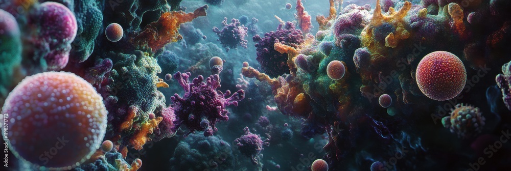 Fototapete array of diverse bacteria and microbes interacting in a vibrant, microscopic environment. generative
