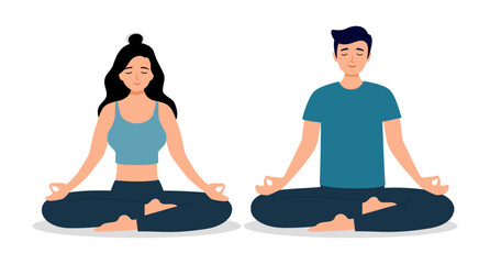 Young man and woman couple meditating in lotus pose. Cute yoga and meditation illustration in flat style.