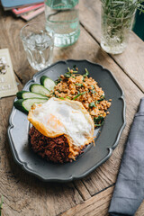 High angle view of phat karphrao on table