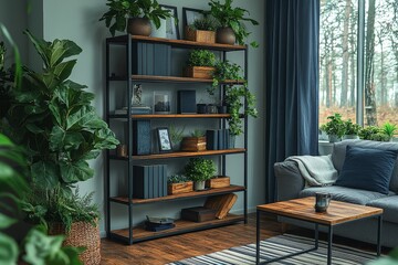  Tall black metal bookcase with wooden shelves, grey sofas, coffee table, plants, blue curtains, and striped carpet in open-plan living room.