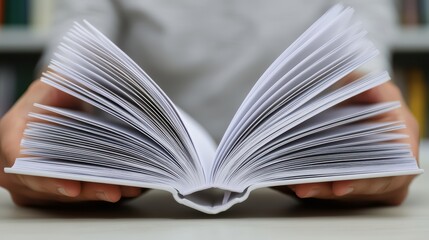 A person holds an open book, pages fanned out, showcasing its content in a vibrant reading environment.