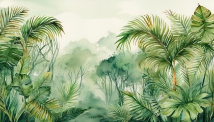 Vintage Watercolor Artwork Green Jungle Landscape with Rich Tones and Retro Elegance, Evoking a Lush, Mystical Atmosphere