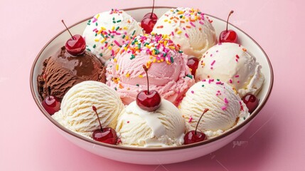 A bowl of assorted ice cream flavors topped with sprinkles, cherries, and whipped cream.