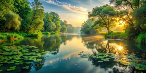 Serene Riverbank at Sunrise  Golden Light Illuminates Lush Green Foliage and Tranquil Water with Lily Pads