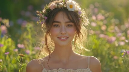 A young woman with a floral crown smiling in a vibrant field of wildflowers, conveying a sense of joy and connection to nature.