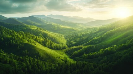 Obraz premium Serene Sunset over Lush Green Mountains