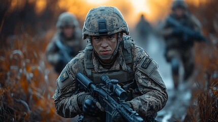 Obraz premium Soldier advancing, autumn forest, sunset, military operation