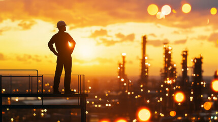 Fototapeta premium silhouetted engineer wearing hard hat stands confidently against vibrant sunset, overlooking industrial landscape with oil refineries in background