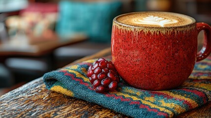 Latte art in red mug with pomegranate seeds