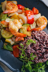 High angle view of thai food in plate on table