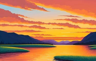 Beautiful and Peaceful Nature Scenery Illustration Landscape Countryside Tranquil Vibrant and Colorful