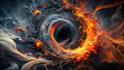 Abstract swirling vortex of fiery inferno and ethereal smoke, a captivating cosmic dance of contrasting elements