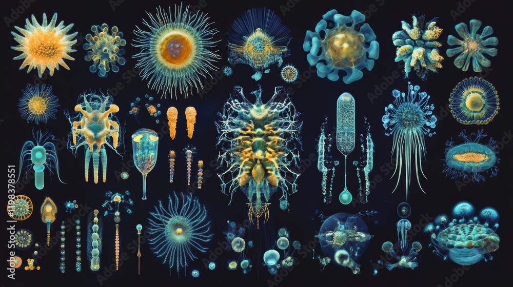 Aufkleber Evolution of bacteria highlighting diverse forms and structures throughout various stages of development. Generative AI