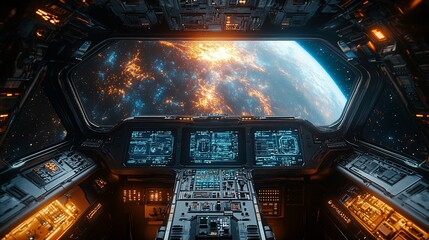 Obraz premium Spaceship cockpit view of Earth at night, city lights glow. Sci-fi travel
