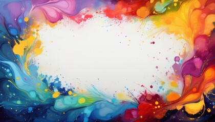 Vibrant Abstract Artwork White Canvas Showcasing Colorful Droplets of Paint Amidst a Spacious...