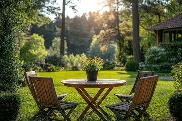 Wooden garden table and chairs on the lawn under the sun, surrounded by green grass, trees, and flowers in spring season. Outdoor furniture set for family leisure time.