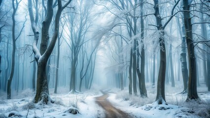 Naklejka premium A Serene Winter Path Winding Through a Frost-Covered Forest of Tall, Slender Trees, Bathed in a Soft, Ethereal Light