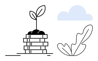 Young plant sprouting from stacked coins represents growth. A large leaf and cloud symbolize nature and potential. Ideal for sustainability, investment, growth, environment, future, prosperity