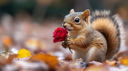 Squirrel holding rose, autumn leaves background. Valentine's Day card