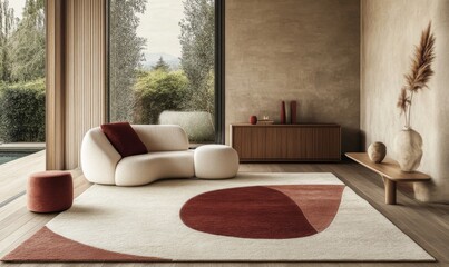 A contemporary living room with wooden flooring, a statement rug, and Scandinavian-style furniture in soft pastel colors. 
