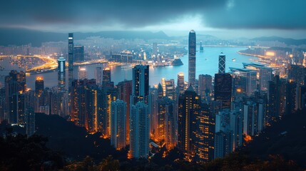 Obraz premium atmosphere overlooking southern east Asia. you can see the well lit places of modern busy cities with lights and slow shutter photography