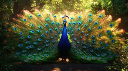 Obraz premium Majestic Peacock in a Sunlit Forest