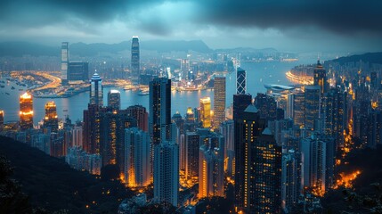 Fototapeta premium atmosphere overlooking southern east Asia. you can see the well lit places of modern busy cities with lights and slow shutter photography