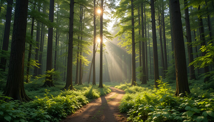 Obraz premium A serene forest scene with soft sunlight filtering through tall trees, a winding path, and vibrant green foliage.