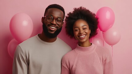Obraz premium Beautiful couple celebrating Valentine's Day on pink background