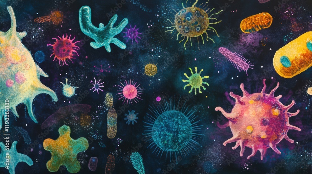 Aufkleber Diverse array of bacteria and microbes displayed against a dark background illustrating the microscopic world of life forms. Generative AI