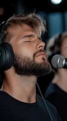 Studio vocal techniques, refining sound harmony through voice warm-up, harmonisation for professional recording in sound studio with expert microphone handling.