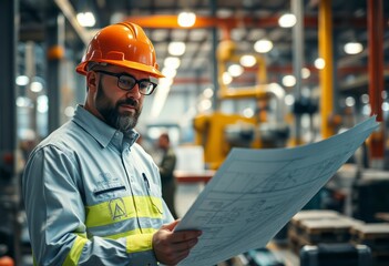 Chief project manager assesses detailed plans while overseeing operations in a modern factory.