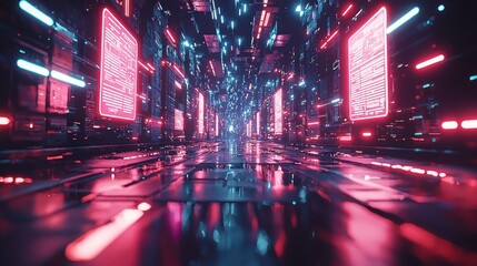 Cyberpunk Neon Cityscape: Digital Corridor of Light and Data Streams