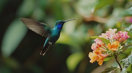 Fototapeta premium A colorful hummingbird hovering in front of a blooming flower.