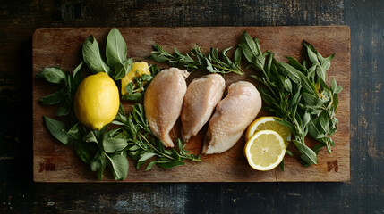 Uncooked chicken with vibrant herbs and fresh lemons on wooden board. arrangement includes sage, oregano, and rosemary, creating rustic and aromatic presentation