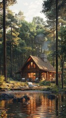 Obraz premium Serene cabin retreat in lush forest high-resolution nature image tranquil environment daylight view