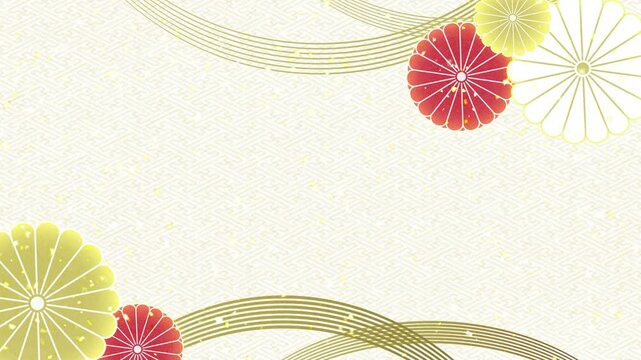 菊の花のイラストとゴールドの曲線のアニメーション　和風　キラキラが舞う白系の背景【ループ】