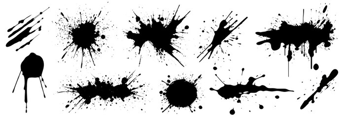 Abstract black ink splatter designs, PNG element set on transparent background