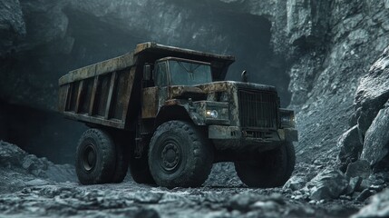 Grimy Giant: A Mining Dump Truck in a Dark Quarry