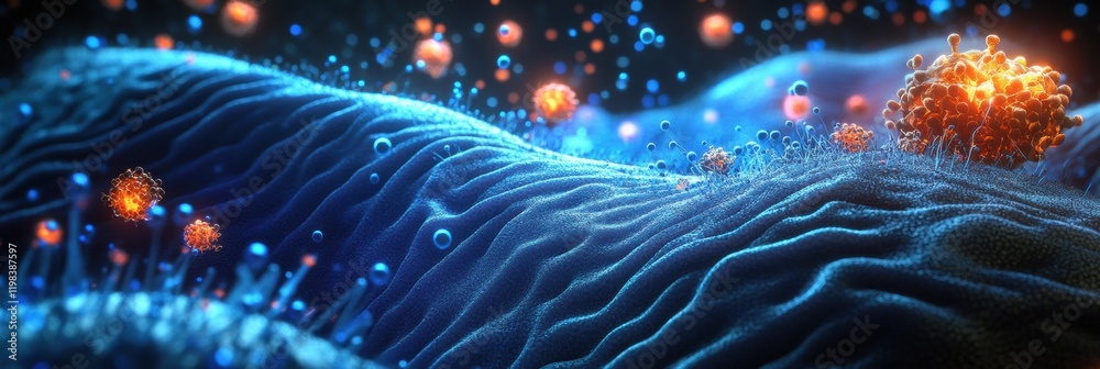 Aufkleber Close up view of molecular interactions with microbes highlighting intricate details of their relationships in a vibrant environment. Generative AI