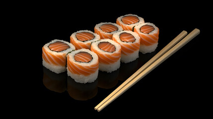 Fresh salmon sushi rolls arranged neatly with chopsticks on sleek black surface, showcasing traditional Japanese meal. vibrant orange of salmon contrasts beautifully with white rice