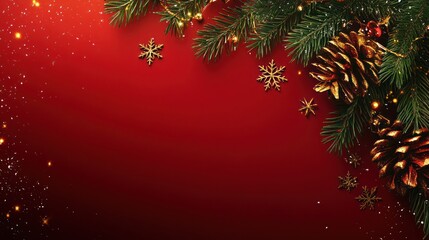 Merry Christmas! Festive Red Background with Golden Pine Cones, Snowflakes and Twinkling Lights.