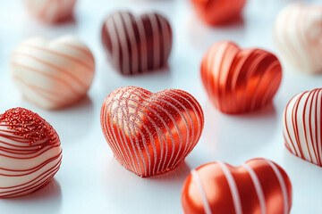 Obraz premium colorful heart-shaped chocolates are arranged on a light blue surface. sweet for Valentine's Day. love, romance, festive sweet food.