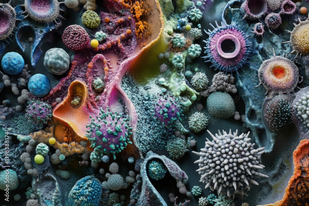 Poster dense layer of vibrant microbes showcasing intricate shapes and colors under a microscopic view in a