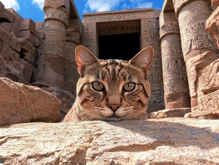 Curious cat peeking from behind a rock at ancient ruins