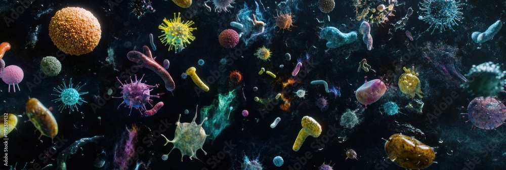 Aufkleber Diverse array of bacteria and microbes showcasing uniqueness in structure and color in a microscopic view. Generative AI