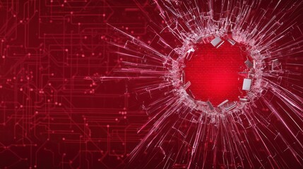 A cracked surface with a red background, resembling a bullet hole, merging visual elements of technology and violence.