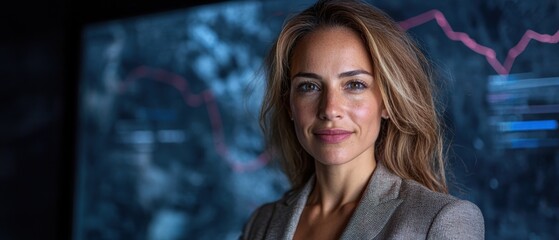 Confident businesswoman looking at financial data on screen