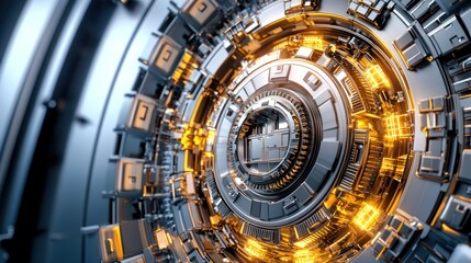 Obraz premium A close-up of a futuristic, metallic circular design featuring glowing elements, showcasing intricate details and a high-tech aesthetic.