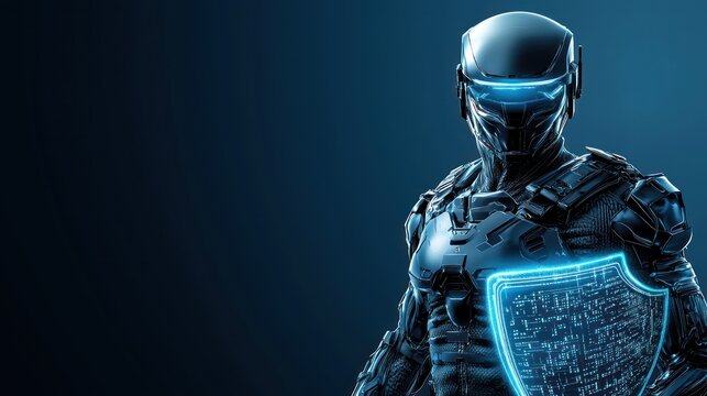 A futuristic armored figure stands confidently, holding a luminous shield, emphasizing a blend of technology and defense in a sleek, dark environment.